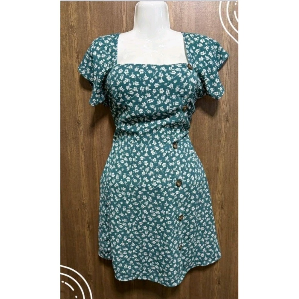 Sienna Sky Green Floral Whimsical Festival Square Neck Flutter Sleeve Dress M